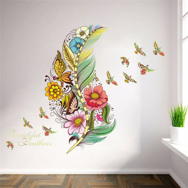 Colourful 3d vivid feather wall stickers