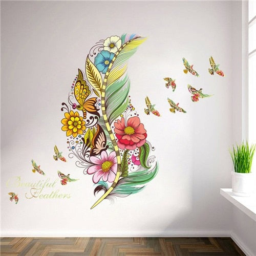 Colourful 3d vivid feather wall stickers