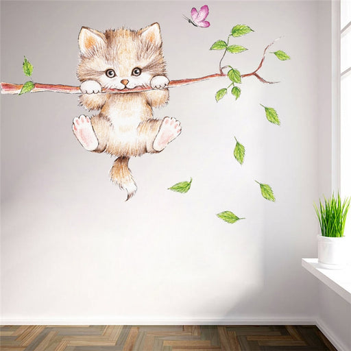 Cute cat butterfly tree branch wall stickers