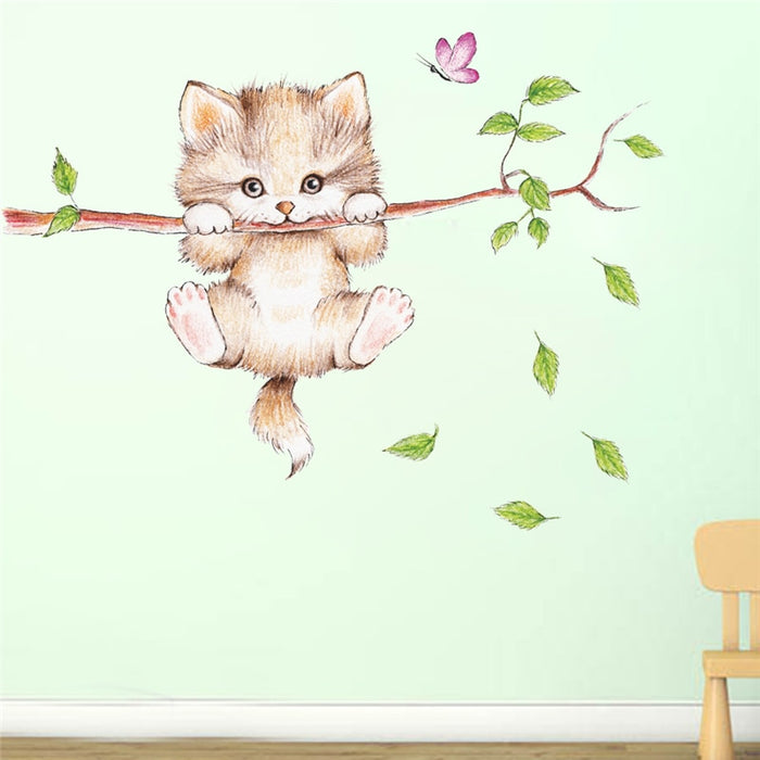 Cute cat butterfly tree branch wall stickers